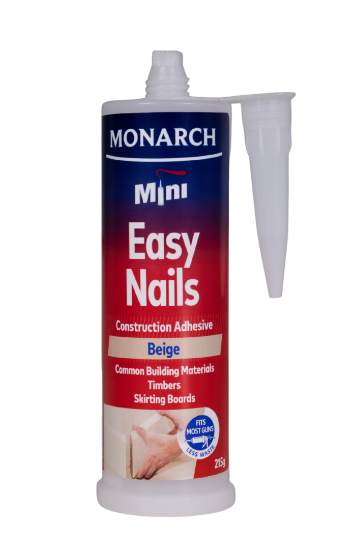 The Monarch Mini Easy Nails Construction Adhesive is a strong multi-purpose adhesive used for bonding most common building materials including timber, metal, ceramics and masonry. When used with a Monarch Mini Compact Caulking Gun, you will be able to access tight spaces where traditional caulking cartridges cannot. It is perfect for small projects where a full-size cartridge is not required resulting in less waste.